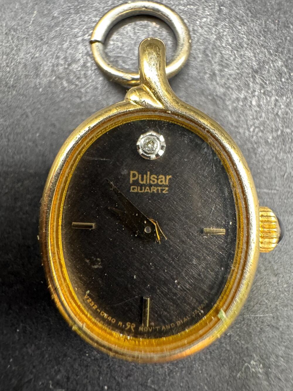 Vintage Pulsar Black Dial Gold Tone Quartz Diamond Accent Watch Oval Pendant